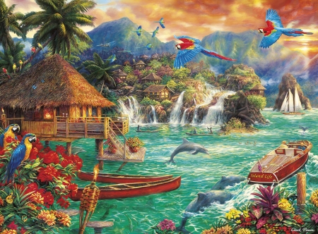 Island life - house, bird, water, summer, boat, island, parrot, cootage, life, pictura, animal, painting, art, luminos