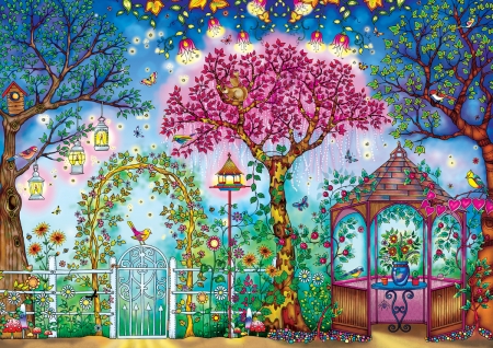 Songbird garden - songbird, spring, painting, art, pink, blue, pictura, green, tree, garden, flower