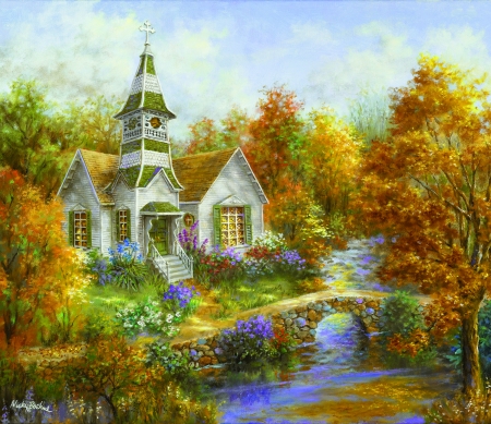 Autumn - cottage, autumn, nicky boehme, painting, art, yellow, river, orange, pictura, house, tree, bridge