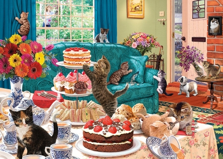 Kittens - food, room, kitten, dessert, art, cake, luminos, sweet, cat, birthday, party, pisica, pictura, funny, painting, naughty, cute