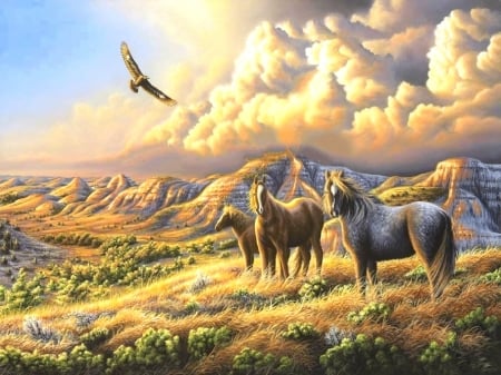 Under Wild Skies - clouds, summer, attractions in dreams, fields, paintings, North Dakota, wild life, nature, horses, love four seasons, sky, animals