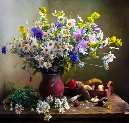 Still life - mushrooms, purple, table, flowers, vase, poppy