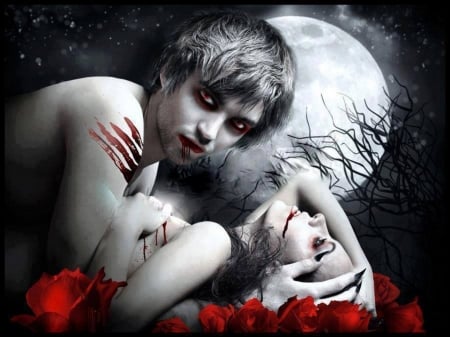 BLOOD NIGHT - moon, male, female, roses, vampires, night, blood, gothic, red