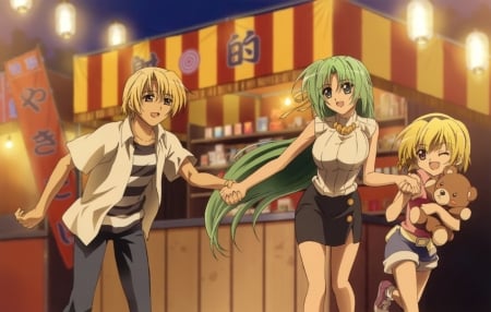 Come On! Let's Have Some Fun! - Satoko, Siblings, Anime Girl, Smile, Family, Anime Friends, Long Hair, Japanese Festival, Sonozaki, Satoko Houjou, Anime Guy, Satoshi Houjou, Blonde, Green Hair, Teddy Bear, Holding Hands, Houjou, Shion, Short Hair, Higurashi no Naku Koro Ni, Friends, Satoshi, Shion Sonozaki, Big Eyes