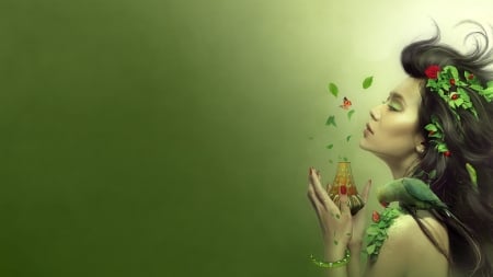 Sweet fragrance - girl, parrrot, fantasy, pasare, bird, butterfly, hand, luminos, red, green, bottle, flower