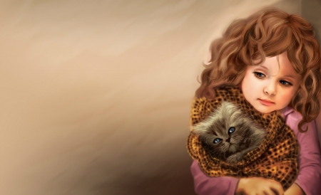 Little girl with kitten - child, copil, animal, cat, girl, art, pisica, little, kitten, luminos