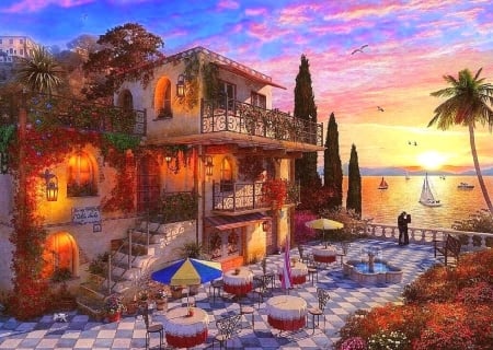 Sunset at Med Villa - oceans, summer, attractions in dreams, romantic, paintings, tables, chairs, mediterranean, sea, sunsets, dinner, villa, nature, paradise, love four seasons