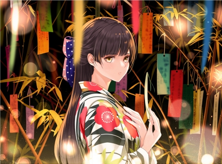 Tanabata - nice, beauty, female, japanese, anime girl, pretty, japan, chime, anime, oriental, kimono, cute, maiden, lady, girl, adorable, long hair, lovely, hd, kawaii, beautiful, yukata, sweet, bamboo, festival, dress