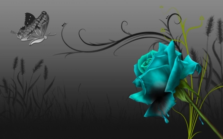 Turquoise Rose with Butterfly - pretty, abstract, butterfly, color on black, turquoise, lovely, Flower, Roses