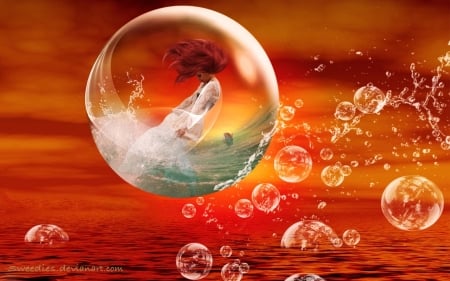 Caught in a Bubble - abstract, red, water, digital, colors, bubbles, fantasy girl