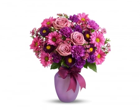 Flowers - flower, purple, rose, pink, bouquet, vase, card, ribbon, bow