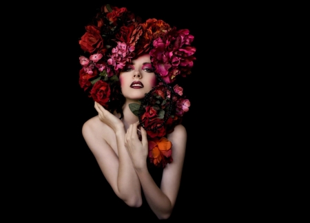 Beauty - woman, girl, red, hand, wreath, black, model, flower