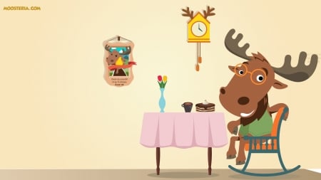 Old Moose at Rocking Chair - moose, cute moose, funny, moosteria, animal, cute, dinner, rocking chair, old person, old clock