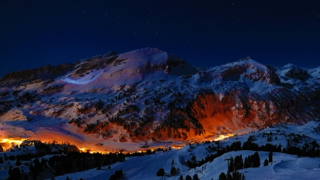 Lights at Night - Firefox Persona theme, ski, trees, winter, lights, road, snow, mountains