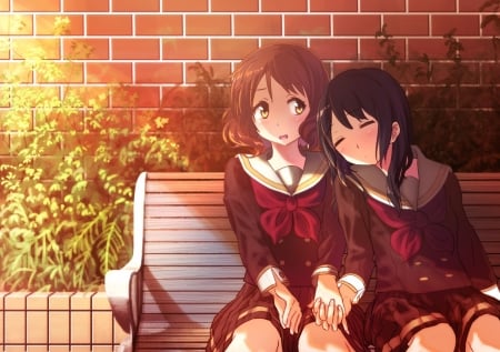 What Do I Do Now? - sleeping, reina, anime friends, reina kousaka, sunset, anime girl, bench, seifuku, black hair, big eyes, eyes closed, kousaka, kumiko oumae, anime, brunette, yellow eyes, blushing, kumiko, plants, classmates, school uniform, hibike euphonium, holding hands, oumae, friends