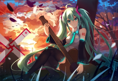 Acoustic Melody - miku, hatsune, miku hatsune, rocker, guitar, big eyes, feathers, acoustic guitar, windmill, anime girl, grass, green hair, sunset, anime rocker, green eyes, vocaloid, anime, twintails, long hair, clouds, smile, hatsune miku