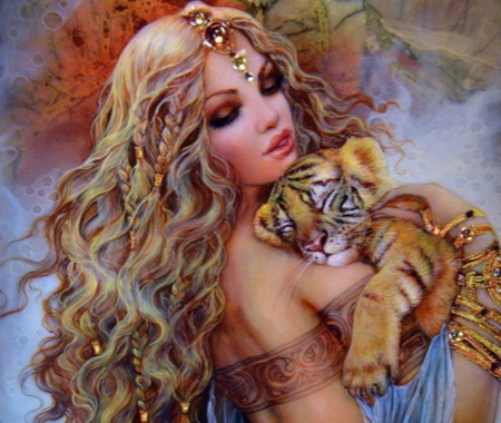 Little Tiger Cub - woman, painting, cub, pretty, beautiful, tiger