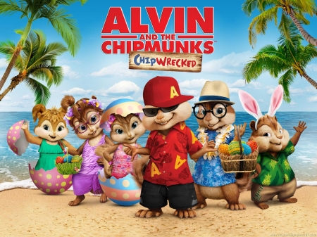 Alvin and the Chipmunks: Chipwrecked (2011) - veverita, beach, squirrel, movie, easter, funny, alvin and the chipmunks, bunny, poster, ears, chipwrecked, animal, egg