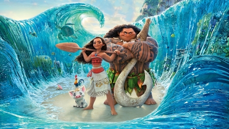 Moana (2016) - water, maui, summer, poster, blue, girl, sea, god, man, fantasy, movie, moana, disney, wave