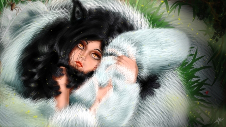 Ahri - nine, tails, fox, girl, fantays, ahri, fluffy, roberto garcia, black, fantasy, white, green, art, luminos