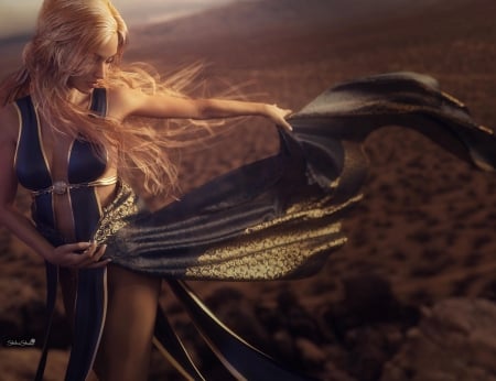 Desert dance - shibashake, fantasy, wind, desert, girl, dance, orange, luminos