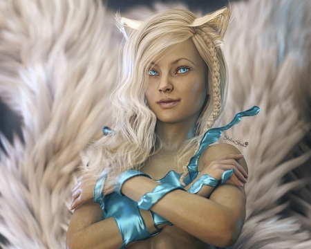 White fox girl - blue, ears, fox, girl, blonde, ahri, shibashake, fluffy, frumusete, fantasy, white, nine tails, luminos