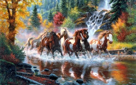 Wild horses - water, running, cal, horse, river, pictura, animal, autumn, painting, art