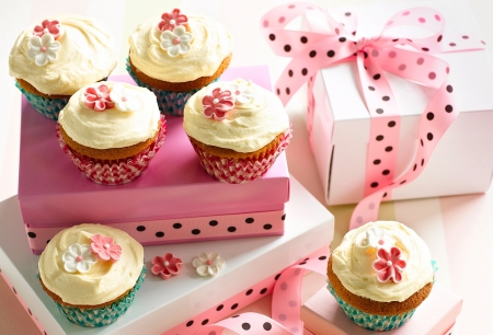 Cupcakes - cupcake, blue, food, flower, pink, sweet, valentine, ribbon, box, gift, dessert, dot