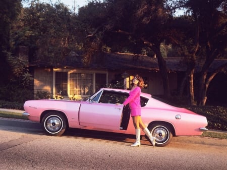 Perfect Pink. . - style, girls, women, models, brunettes, cowgirl, fun, boots, fashion, western, pink, ranch, outdoors, 1966, female, barracuda, plymouth