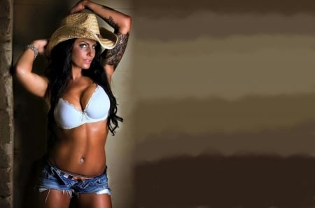 Tattooed Cowgirl. . - women, tattoo, fun, female, hats, fashion, models, brunettes, western, girls, cowgirl, style, lingerie, ranch