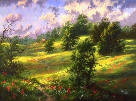 Field of Dreams - trees, summer, attractions in dreams, fields, paintings, grass, flowers, nature, love four seasons