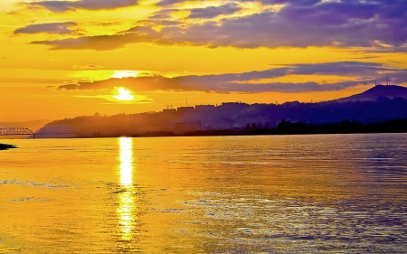 Sunset Over The Mountain - nature, reflection, mountain, clouds, sunset, sea