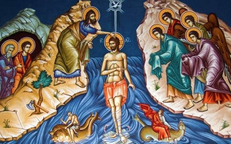 Baptism of Christ - baptism, icon, christ, jesus, holy spirit, angels, john, baptist, disciples