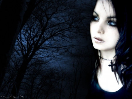 Blue Eyed Gothic Woman - Forest, Woman, Blue, Dark