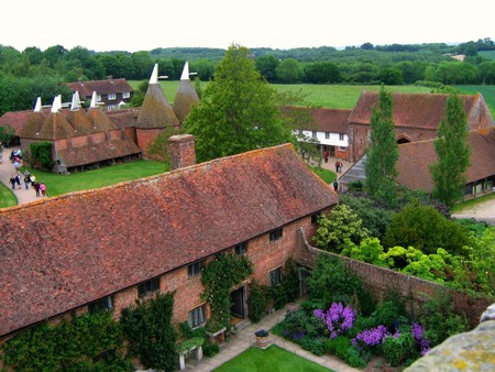 a view of the oast houses from the tower - house, grass, nature, fields