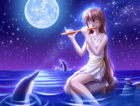 Girl with Dolphin - moon, anime, anime girl, female, water, dolphin, girl, sea, ocean, music, flute, cute, fish