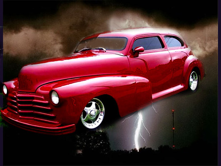 chevy - hotrod, lightening, red, sky