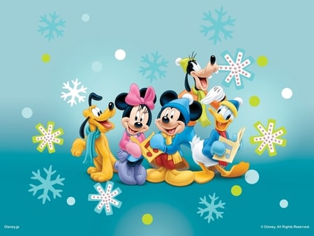 Mickey Mouse& Friends Caroling Wallpaper - goofy friends, snowflakes, blue