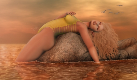 Resting - swimsuit, water, yellow, summer, rock, girl, blonde, sea, fantasy, rendering