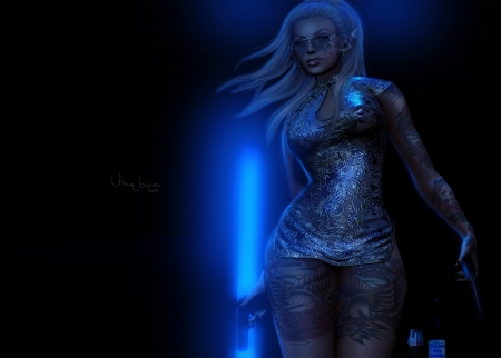 Girl - tattoo, rendering, girl, dark, luminos, blue, black, fantasy