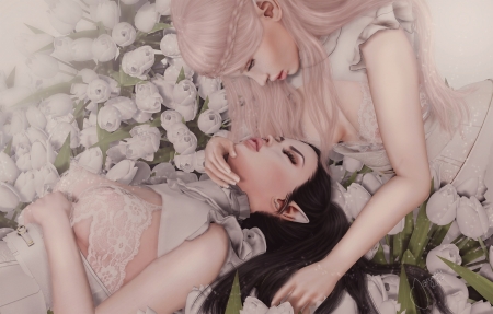 Wake-up, sis'! - elf, fantasy, sleep, rendering, girl, couple, flower, luminos