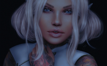 Elf - tattoo, girl, dark, elf, fantasy, white, woman, rendering, face