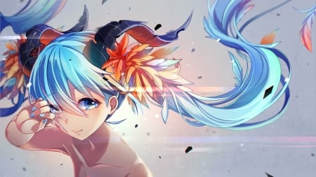 Hatsune Miku - anime, vocaloid, blue, girl, hatsune miku, orange, horns, nou, manga, luminos