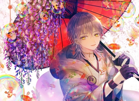 Tsurumaru Kuninaga - summer, flower, abandon ranka, purple, tsurumaru kuninaga, bubbles, anime, umbrella, touken ranbu, manga, wisteria, fish, orange, man