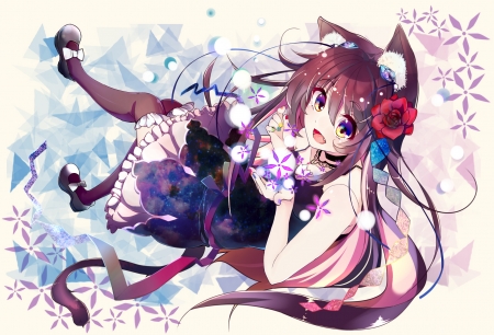 Cat girl - anime, blue, ears, girl, flower, pink, kyona konakona, cat, manga