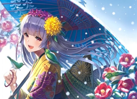 Girl - anime, yellow, blue, girl, kimono, madopen, flower, pink, manga, peony, umbrella