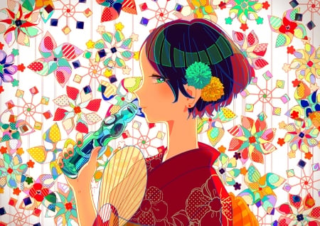 Girl - fan, girl, sumomo, colorful, red, blue, anime, bottle, kimono, manga