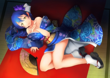 Geisha - manga, anime, kimon, blue, red, girl, fan