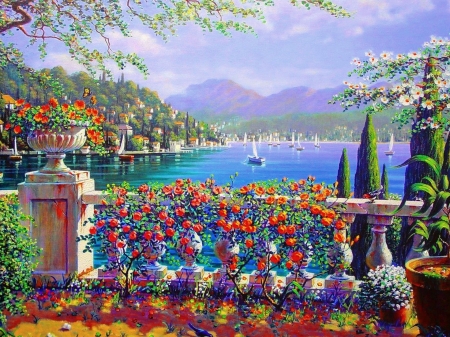 Italy - italy, terrace, water, summer, painting, art, luminos, red, blue, pictura, sea, boat, flower