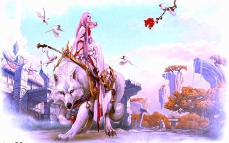 Wolf rider - lup, game, fantasy, white, wolf, girl, pink, luminos